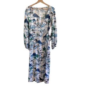 Emerson Fry India Collection Wrap Dress Women’s Size Small Tropical Midi Blue